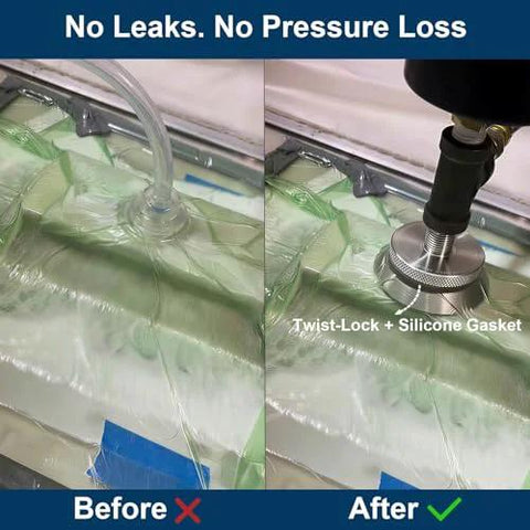 BrenixCraft vacuum bagging connector, aluminum, 1/4” NPT, twist-lock with silicone gasket (before/after)