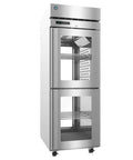 Straight Up Heavy Duty Pass Through Upright Freezer With Sleek Half Glass Door Built Tough For Busy Restaurants And Food Trucks No Sweat Installation And Top Tier Cold Storage Daily, stainless steel, double door design, 79.5 inch tall.