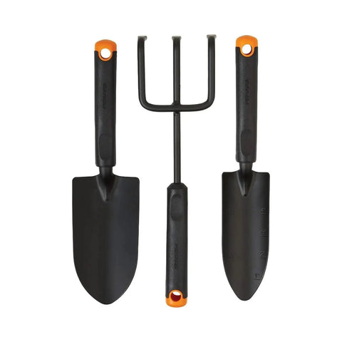 Three Piece Garden Tool Set With Trowel Transplanter And Cultivator Durable Rust Resistant Steel Heads And Ergonomic Handles For Planting Digging And Soil Aeration No Fuss Yard Work shown with two shovels and one fork.
