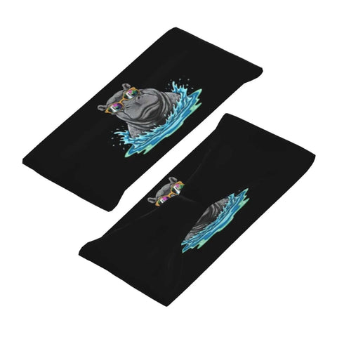 Sunglasses Inspired Sweatband Headband And Wristband Set For Workout And Sports with hippo design, polyester material.