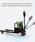 Heavy Duty Full Electric Pallet Jack Truck With 3300 Lb Capacity And Lithium Ion Battery showing ergonomic handle design and multifunctional buttons.