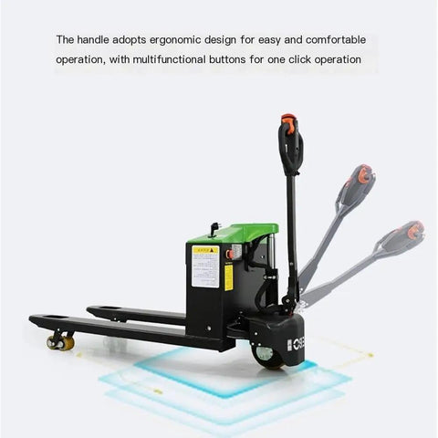 Heavy Duty Full Electric Pallet Jack Truck With 3300 Lb Capacity And Lithium Ion Battery showing ergonomic handle design and multifunctional buttons.