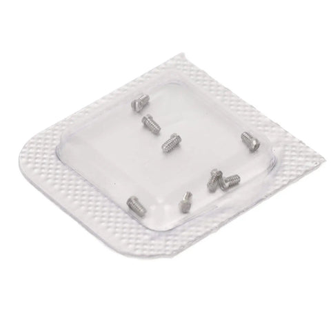 Pro Grade Stainless Steel Micro Watch Repair Screws Heavy Duty Back Cover Fasteners in blister pack, 1x1.3x2.4mm size, eight pieces.