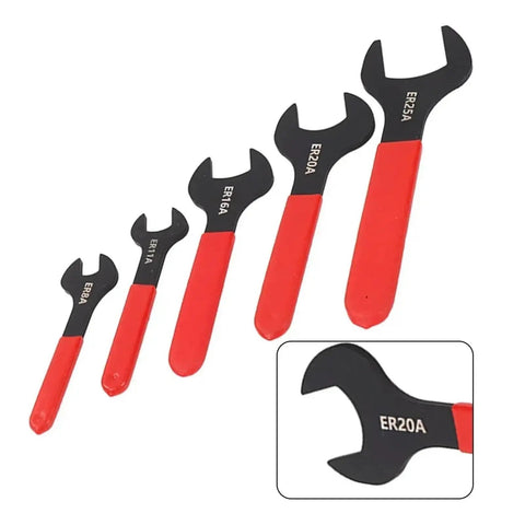 Heavy Duty ER Wrench Spanner For ER8A ER11A ER16A ER20A ER25A Collet Chuck Fits CNC Machining Centers With High Precision Locking And Stable Clamping Performance For Your Tool Setup set of five wrenches with red handles and black heads.