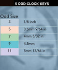 5 Prong Brass Clock Key For Winding Clocks With Odd Numbers Handy Universal Key Set chart showing sizes 3mm to 5mm