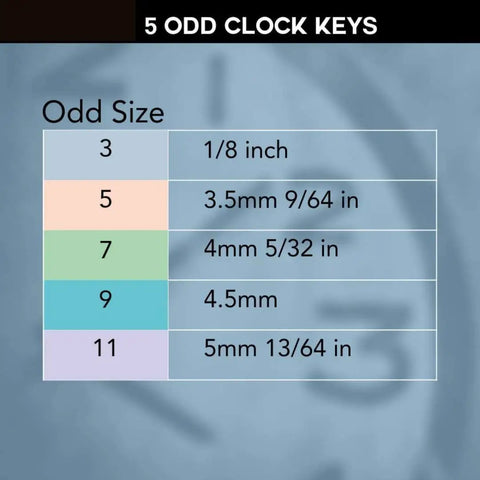 5 Prong Brass Clock Key For Winding Clocks With Odd Numbers Handy Universal Key Set chart showing sizes 3mm to 5mm