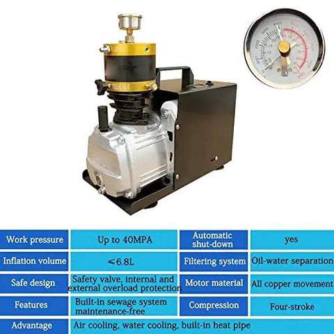 Hella Tough Electric Submersible Pump High Pressure Air Inflator And Liquid Transfer System 4500 Psi 220V side view with gauge and features.