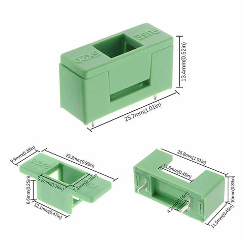 12 Pcs Green 5X20mm Fuse Holders For PCB Circuit Boards 250V 10A Flame Retardant Temperature Resistant Socket Mount Kit dimensions
