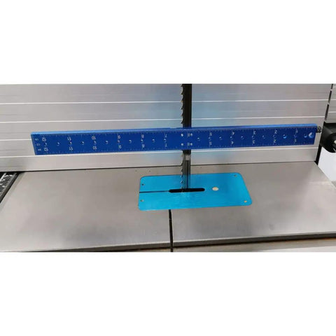 Slick Go To Bandsaw Alignment Gauge With Twelve Inch Laser Etched Sixteenths And Heavy Duty Magnets For Dead On Cuts and Zero Drift Hassle Plus Compact Marking Hook For No Sweat Shop Work, featuring ruler and gauge on bandsaw.