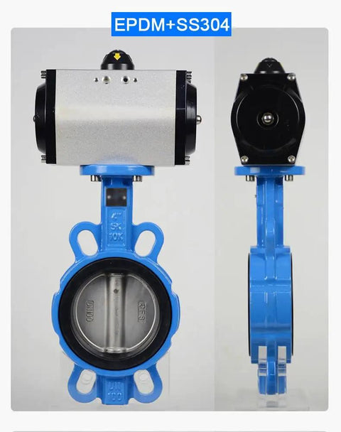 DN100mm Wafer Type Pneumatic Butterfly Valve With EPDM Sealing 4 Inch Stainless Steel 304 Plate front and side view