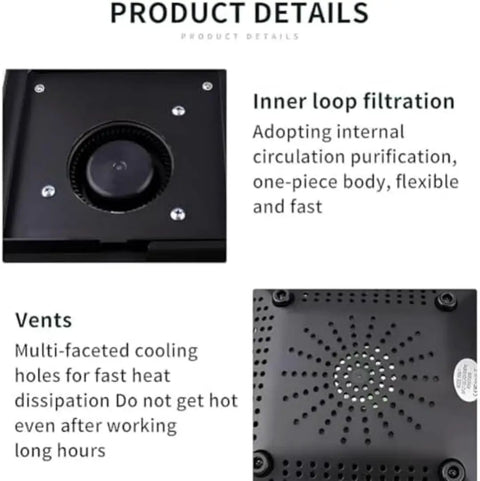 Inner loop filtration and vent details of Straight Up Slick Mini Solder Fume Extractor With Adjustable Telescopic Arm And Integrated Led Light.