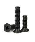Rock Solid Flat Head Machine Screws M2.5 X 6Mm 50 Pack Black Oxide 304 Stainless Steel fully threaded Phillips drive screws in varying lengths.