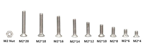 Assorted sizes of 360 Pcs Metric M2 304 Stainless Steel Flat Head Hex Socket Cap Bolts Screws Nuts Set arranged in order.