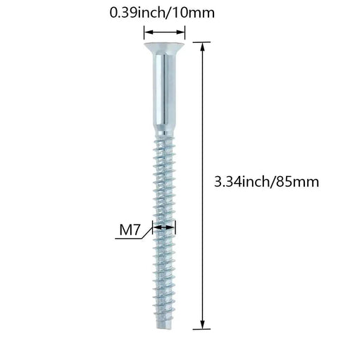 M7 Self Tapping Confirmat Style Furniture Screws Set, Carbon Steel With Zinc Plating, 10x85mm size shown with measurements.