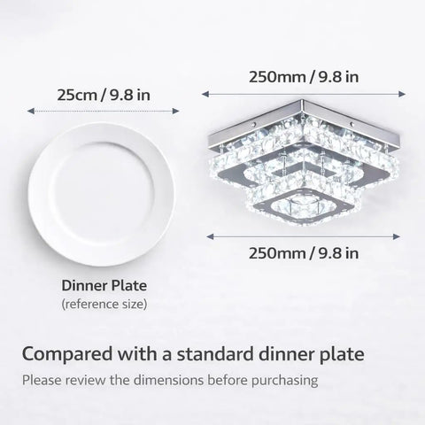 9.8 Inch Square Crystal Flush Mount LED Ceiling Light With K9 Crystal Mirror Base, Cool White 6500K, size comparison