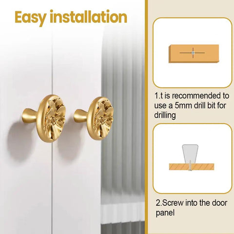 Two Pack Zinc Alloy Cabinet Knobs With Floral 3D Design For Dressers Wardrobes And Cupboards, easy installation guide shown