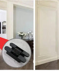 Top Tier Six Inch Hidden Door Hinges With Dead Simple Three Dimensional Tuning And Workhorse Zinc Alloy Build For Smooth Heavy Duty Swings On Flush Panels Up To Forty Four Pounds Load displayed beside a door.