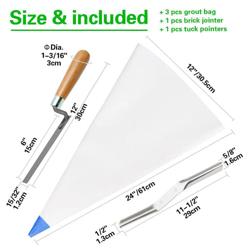 Three Pack Tile Grout Masonry Mortar Bags 12x24 Inch Heavy Duty Tear Resistant Puncture Tip Cement Sealer Bags with tools