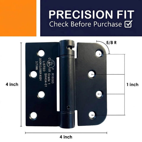 Image of Self Closing Spring Loaded Hinges With Adjustable Tension For 4 Inch Doors Ideal For Garage Front And Back Doors Hands Free Closer Hinge Left Or Right Hand Black 3 Pack showing dimensions.