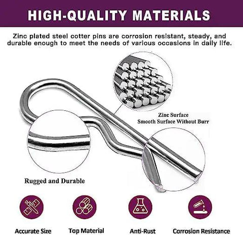 Close-up of zinc-plated hitch pin clip from 75 Pcs Hitch Pin Clips R Clips Set With 6 Sizes M1.2x21 to M2.5x50, highlighting durability and material.