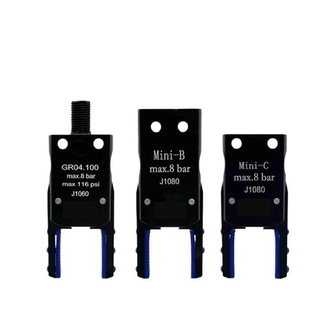 Three black Compact Manipulator Mini Fixture With Hand Gripper for precision clamping used in Mini A B CJ1060 J1080 variants