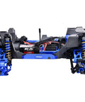 87mm Aluminum Alloy Adjustable Shocks Kit Beefed Up for 1:16 RC Monster Trucks Front and Rear installed on blue RC chassis.