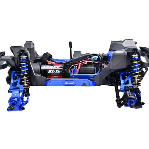 87mm Aluminum Alloy Adjustable Shocks Kit Beefed Up for 1:16 RC Monster Trucks Front and Rear installed on blue RC chassis.