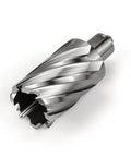 Close-up of Oscarbide annular cutter with Weldon shank, 1-1/2 in diameter and spiral flutes