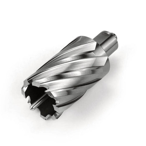 Close-up of Oscarbide annular cutter with Weldon shank, 1-1/2 in diameter and spiral flutes