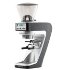 Straight Fire Conical Burr Coffee Grinder Featuring Precision Grind By Weight Tech, sleek black and silver design, perfect for precise espresso preparation.
