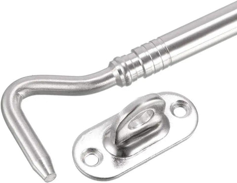 Tough As Nails Stainless Steel Hook Latch Kit Includes Mounting Screws Secure Your Gate Or Cabinet Door Fast Windproof Protection Hardware Does The Job Right Holds Tight Against The Breeze Solid Construction 3 Pack with shiny hook and latch.