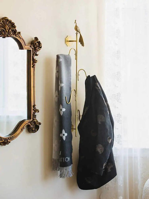 Knockout Brass Peacock Wall Hook S Shaped Coat And Hat Rack Fly Entryway Or Bedroom Setup Hella Durable Dual Mount No Drill Adhesive Option with scarves