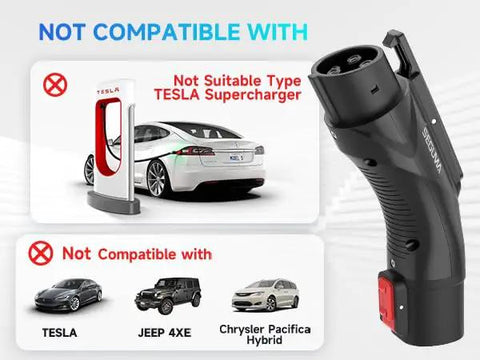 Image showing Portable Tesla To J1772 EV Charging Adapter with 60 Amp Output, highlighting non-compatible vehicles and chargers.