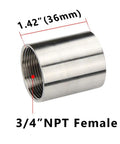 Solid As A Rock 304 Stainless Steel Cast Pipe Coupler 3/4 Inch Female X Female Npt Adapter showing threaded ends and polished surface.