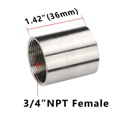 Solid As A Rock 304 Stainless Steel Cast Pipe Coupler 3/4 Inch Female X Female Npt Adapter showing threaded ends and polished surface.