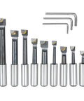 Nine Piece R8 Boring Head Set with two inch heads and Morse Shank BT for milling, including carbide boring bars and Allen wrenches.