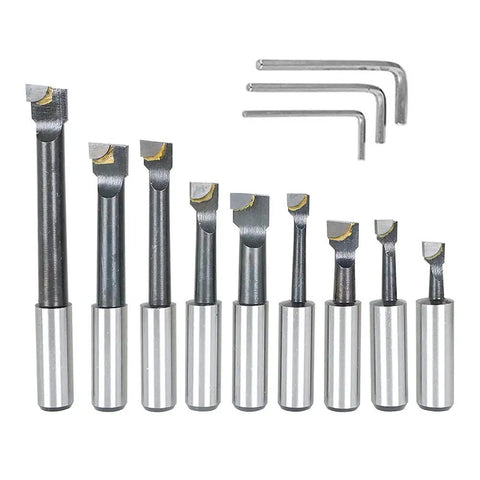 Nine Piece R8 Boring Head Set with two inch heads and Morse Shank BT for milling, including carbide boring bars and Allen wrenches.