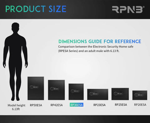 Size comparison of Deluxe Digital Keypad Safe Box with adult silhouette, various safe models, and dimensions guide