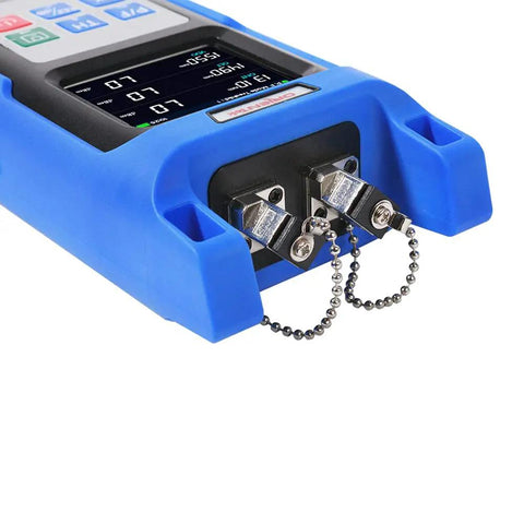 UPC Connector PON Optical Power Meter For EPON Networks, All In One Tool That Simultaneously Measures 1310 1490 1550 Nm, Blue device close-up