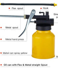 JUNCHI hand pump oil can, 8 oz, yellow metal body with black cap, metal straight and flexible spouts
