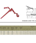 Lever Style Snap Chain Binders For Flatbed Truck Trailers 5/16-3/8 G70 Chain, red forged steel in diagram with specifications
