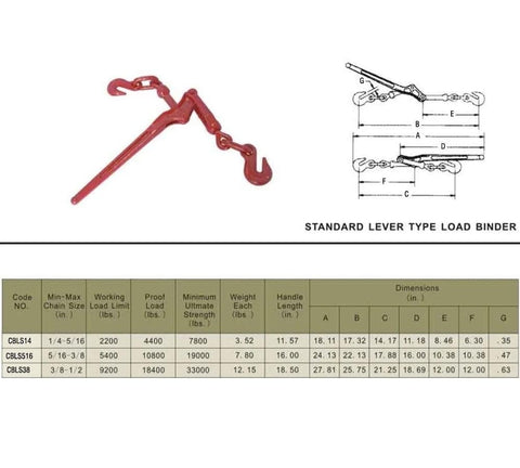 Lever Style Snap Chain Binders For Flatbed Truck Trailers 5/16-3/8 G70 Chain, red forged steel in diagram with specifications