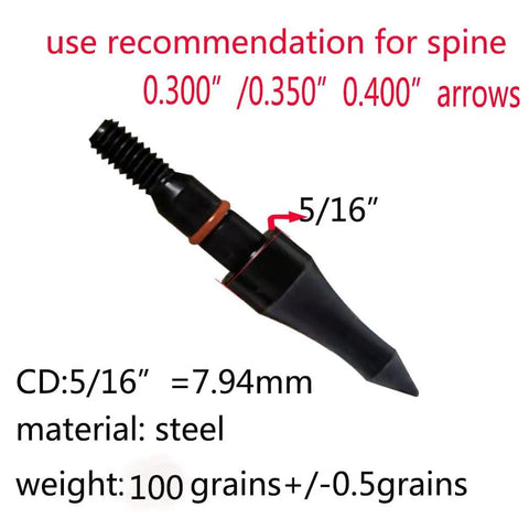 100 Grain 5-16 Inch Steel Screw-In Field Points For Archery, 12 Pack, CNC Machined With Tolerance 0.5 Grain, arrow close-up