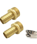 Two Pack Brass Garden Hose Repair Fittings With Stainless Clamp For Leaks And Quick Linkage Half Inch Barb To Three Quarter Inch Male Garden Hose Thread Connector Standard US Threads. Brass fitting and clamp image