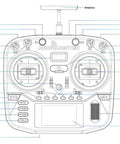 Diagram of Boxer 2.4G 16 Channel Radio Control Transmitter with labeled components and buttons for precision flying.