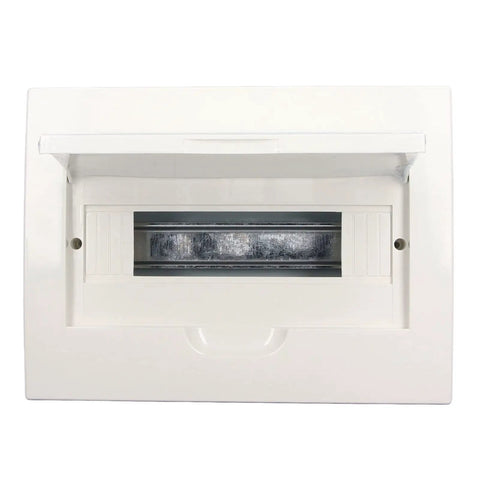 Heavy Duty 12 Way Din Rail Circuit Breaker Box With Rugged Stainless Steel Enclosure For Zero Headache Wiring And Smooth Power Distribution Setup That Rocks For Any Garage Rig, open cover view.