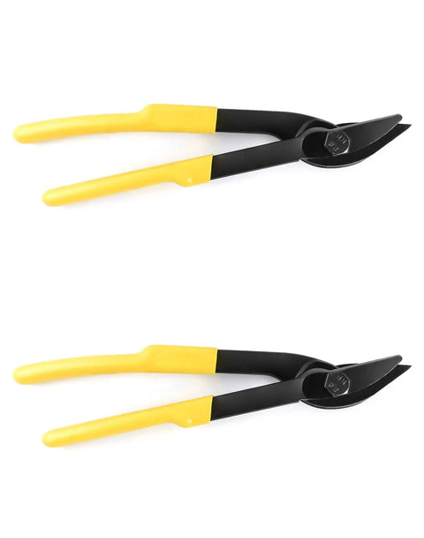 Heavy Duty Strapping Cutter Made For Tough Jobs 12 Inch Adjustable Snips with yellow grips for cutting steel PET and PP bands.