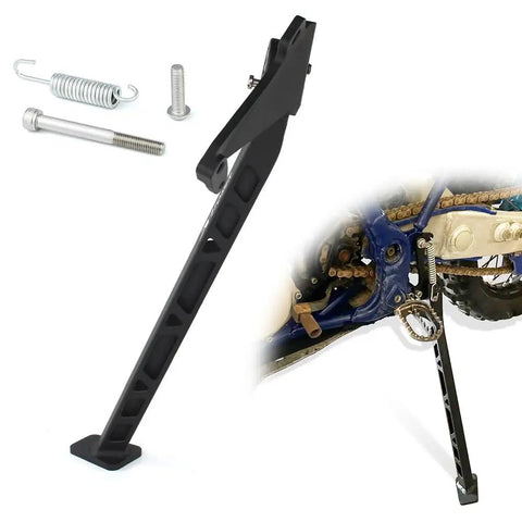 Aluminum Dirt Bike Kickstand Side Stand For WR250F WR400F WR426F WR450F YZ125 YZ250 YZ250F YZ400F YZ426F YZ450F Models with mounting screws, spring, and installation shown on a bike.