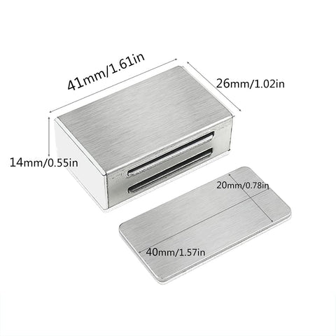Magnetic Cabinet Catches With Ultra Strong Adhesive No Tools Needed For Quick No Hassle Install On Kitchen Cabinets Cupboards Wardrobes And Drawers Easy Install Self Locking Door Magnets, showing dimensions of stainless steel catch and plate
