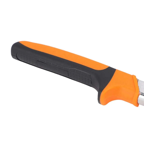 Close-up of the handle of a Beefy Heavy Duty 5 Vane Wing Sheet Metal Crimper Pliers For HVAC Ductwork 24 To 28 Gauge High Carbon Steel Tool.
